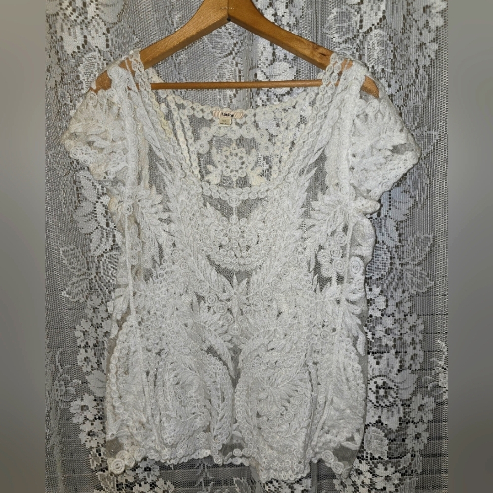 Timing, White, Crochet Lace Top, Womens M/L, Short Sleeve Square Neck